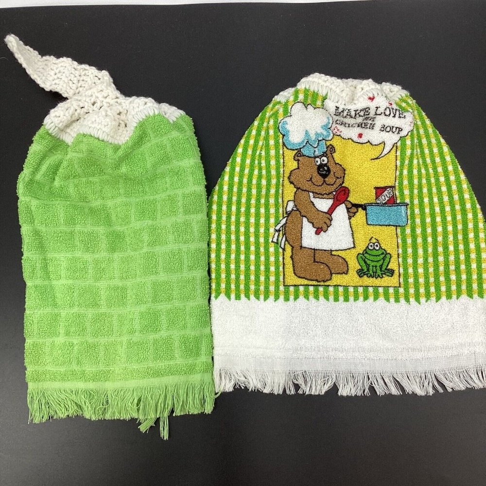 Lot of 2 Vintage 80's Hanging Dish Towels Crochet Tops Green White Yellow Check